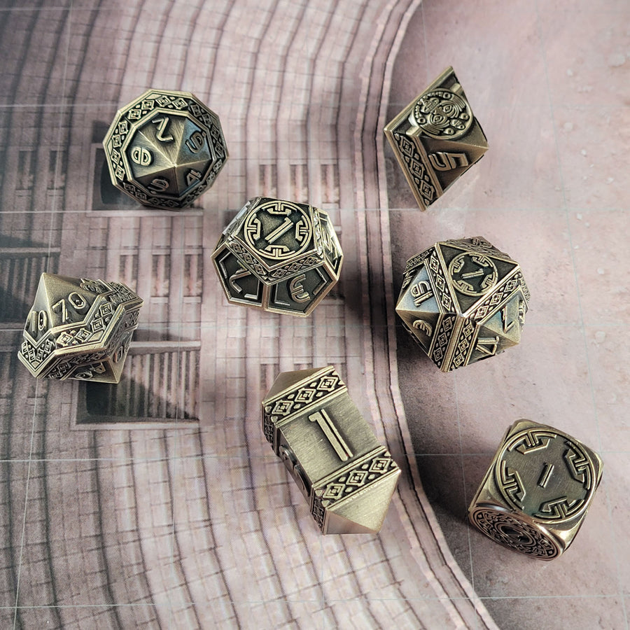 Forged Gaming Nahuatl's Chance Bronze Metal RPG Dice Set | Grognard Games