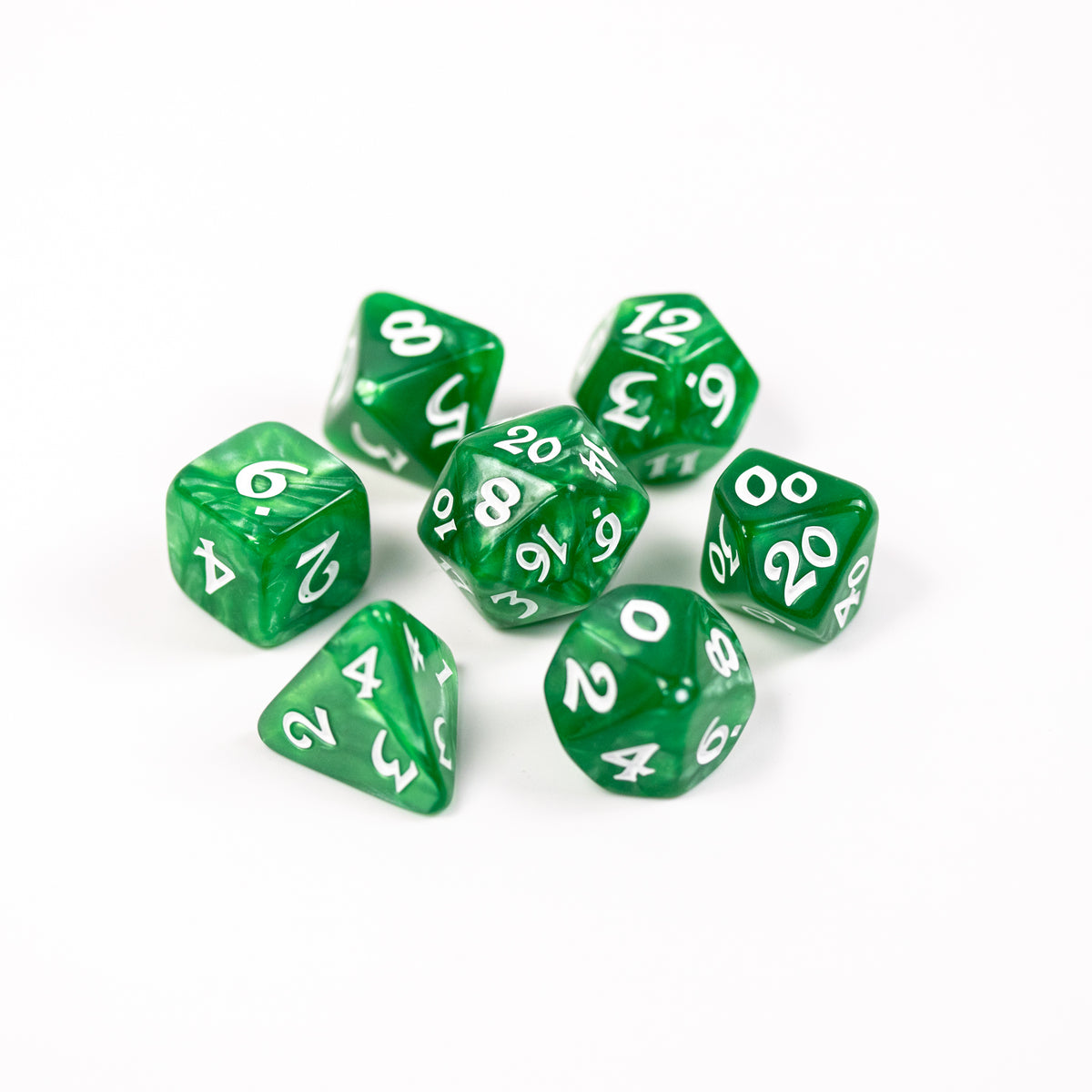 Die Hard Dice 7 Piece RPG set - Elessia Essentials - Green with White | Grognard Games