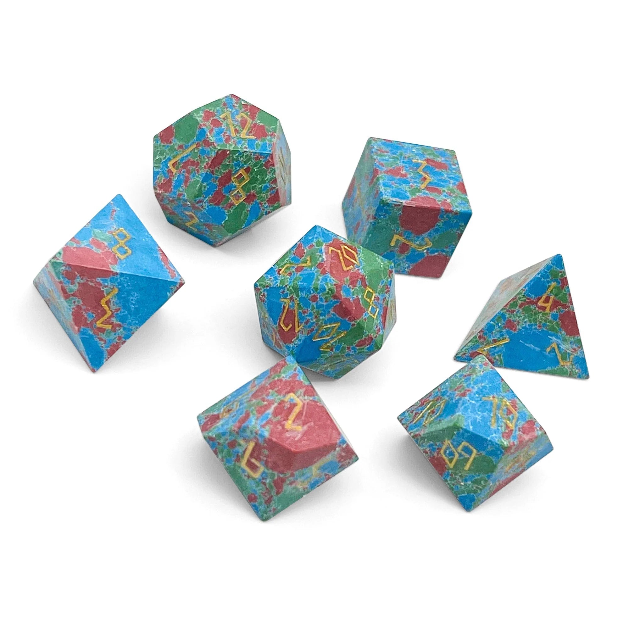 Red, Green, and Blue Splotted Turquoise - 7 Piece RPG Set TruStone Dice | Grognard Games