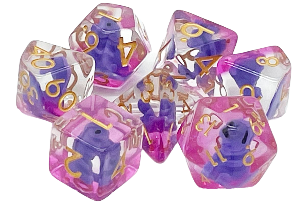 Old School 7 Piece DnD RPG Dice Set: Animal Kingdom - Baby T-Rex - Purple | Grognard Games