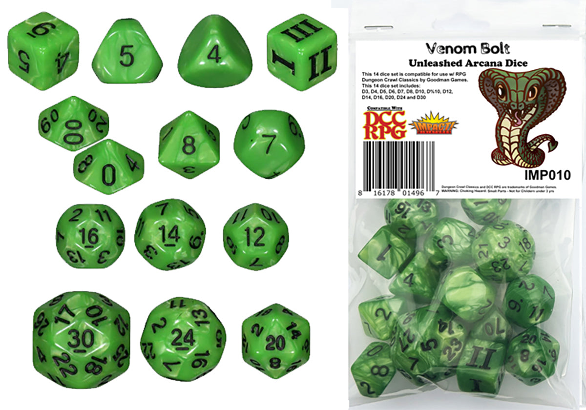 Venom Bolt - Impact! Miniatures DCC 14 Piece RPG Dice Set | Grognard Games