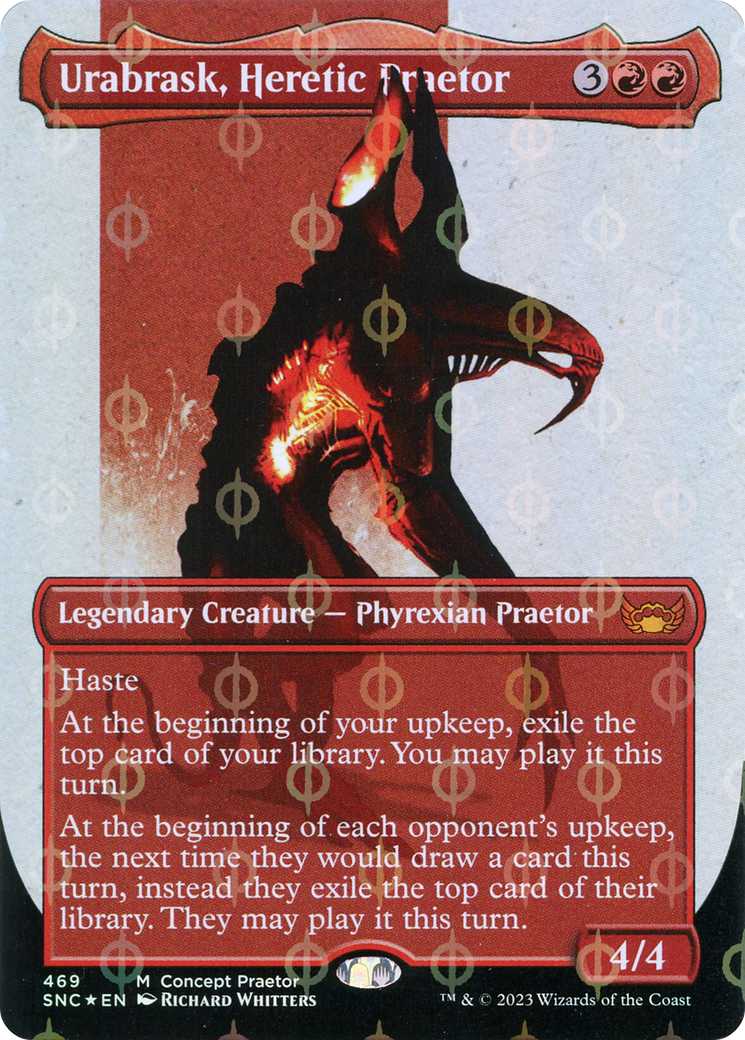 Urabrask, Heretic Praetor (Borderless Concept Praetors Step-and-Compleat Foil) [Phyrexia: All Will Be One] | Grognard Games