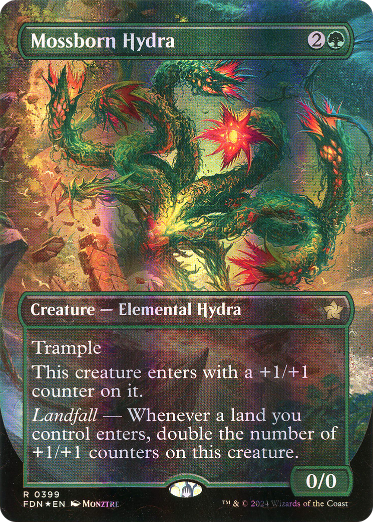 Mossborn Hydra (Borderless) (Mana Foil) [Foundations] | Grognard Games