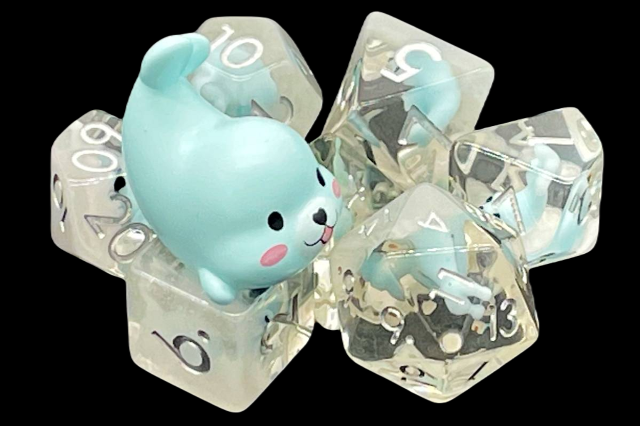 Old School 7 Piece DnD RPG Dice Set: Animal Kingdom - Baby Seal - Light Blue | Grognard Games