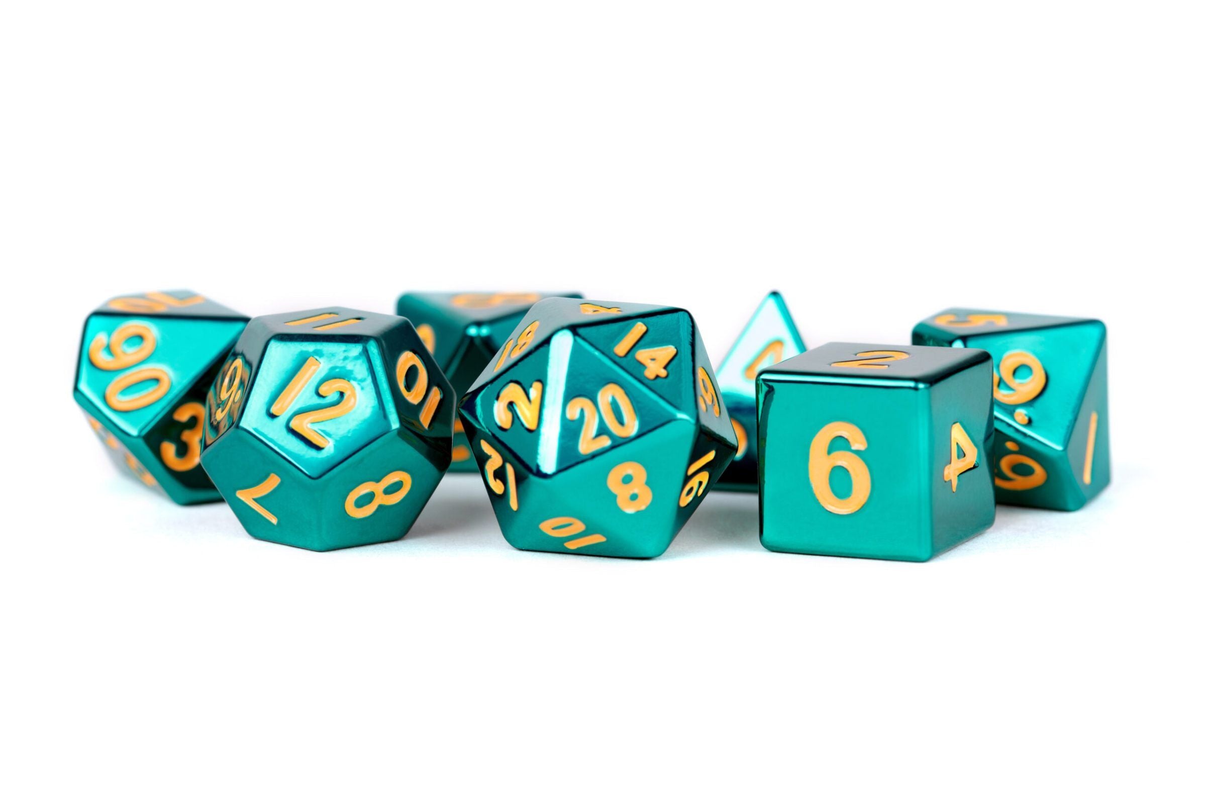 Turquoise with Gold Numbers 16mm Polyhedral Dice Set | Grognard Games