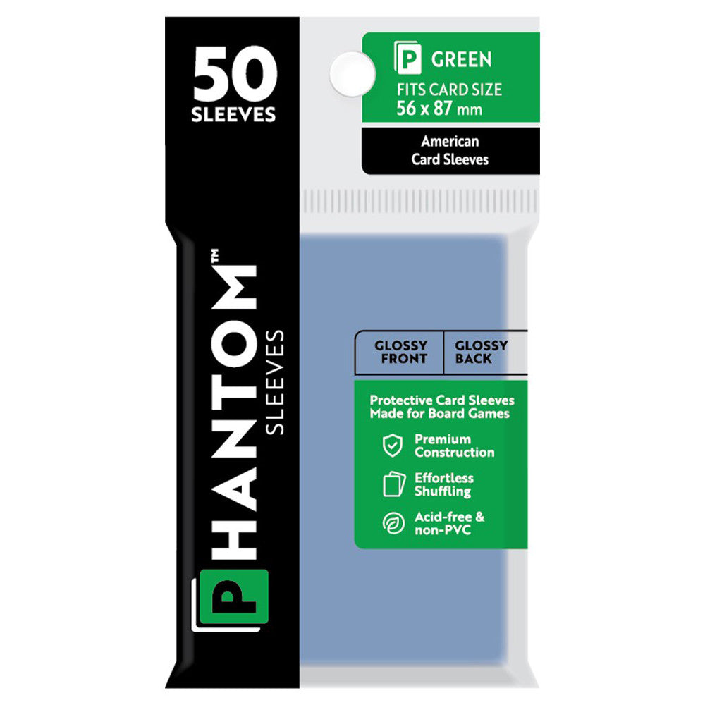 Phantom Sleeves: Green American Size 56 x 87mm - Glossy/Glossy (50) | Grognard Games