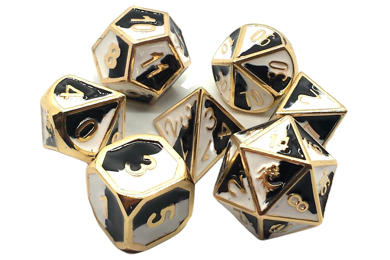 Old School 7 Piece DnD RPG Metal Dice Set: Dragon Forged - Black & White w/ Gold | Grognard Games