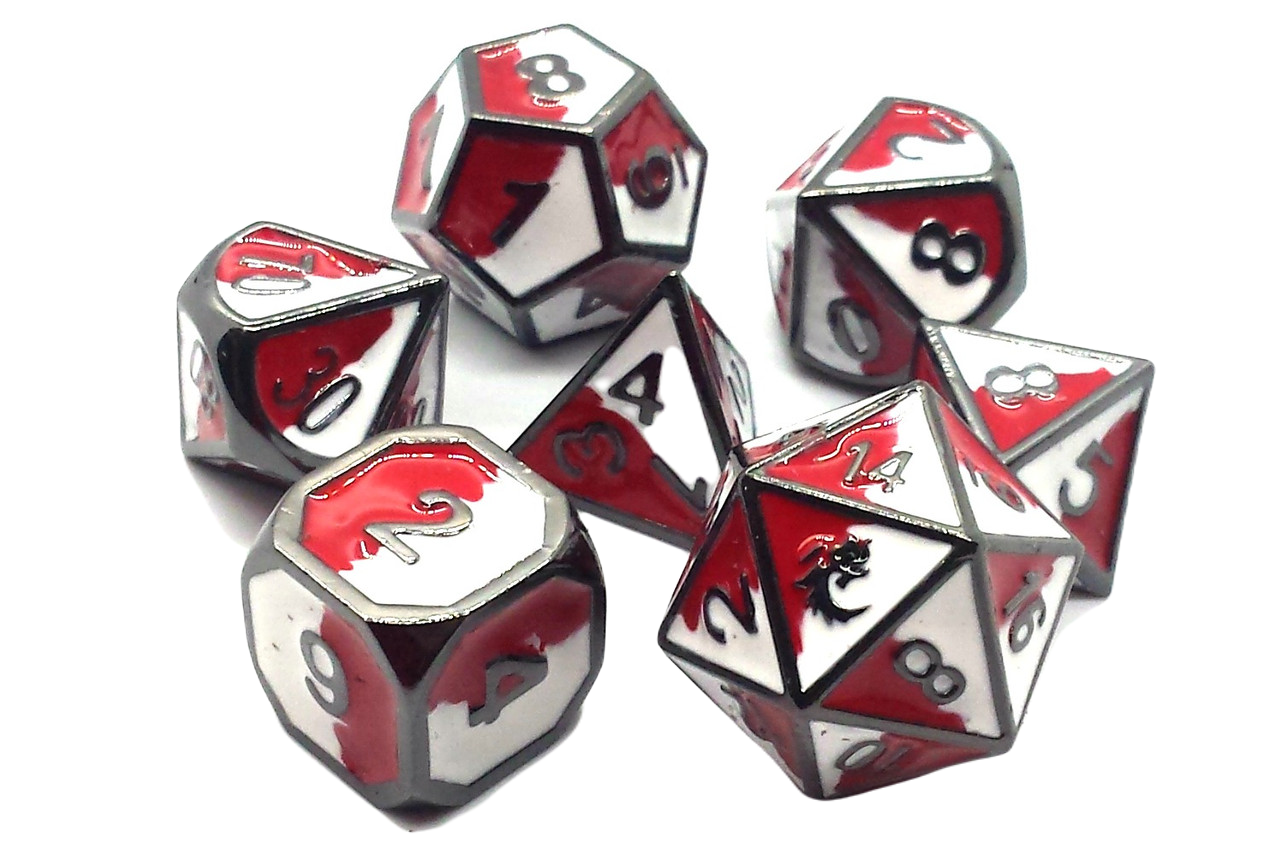 Old School 7 Piece DnD RPG Metal Dice Set: Dragon Forged - Red & White w/ Black Nickel | Grognard Games