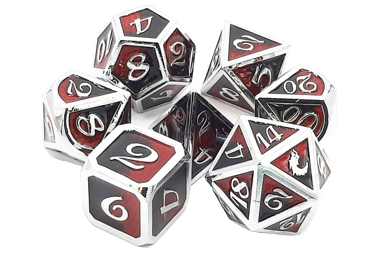 Old School 7 Piece DnD RPG Metal Dice Set: Dragon Scale - Black & Red | Grognard Games