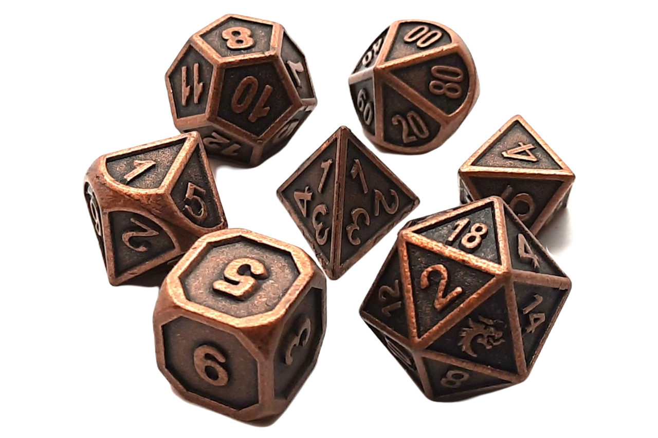 Old School 7 Piece DnD RPG Metal Dice Set: Dwarven Forged - Ancient Bronze | Grognard Games
