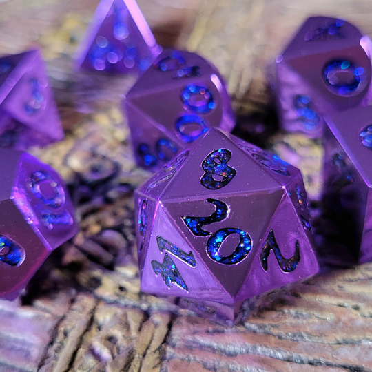 Forged Lore Polished Purple with Blue Mica 7-Piece Metal Dice Set | Grognard Games