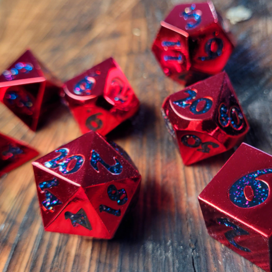 Forged Lore Polished Red with Starry Mica Metal RPG Dice Set of 7 | Grognard Games