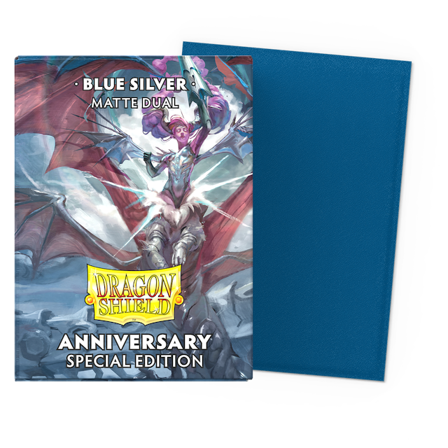 Sleeves - Dragon Shield - Box 100 - Standard Size Dual Matte Blue Silver Anniversary Special Edition | Grognard Games