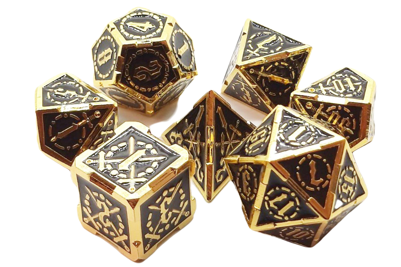 Old School 7 Piece DnD RPG Metal Dice Set: Knights of the Round Table - Black w/ Gold | Grognard Games