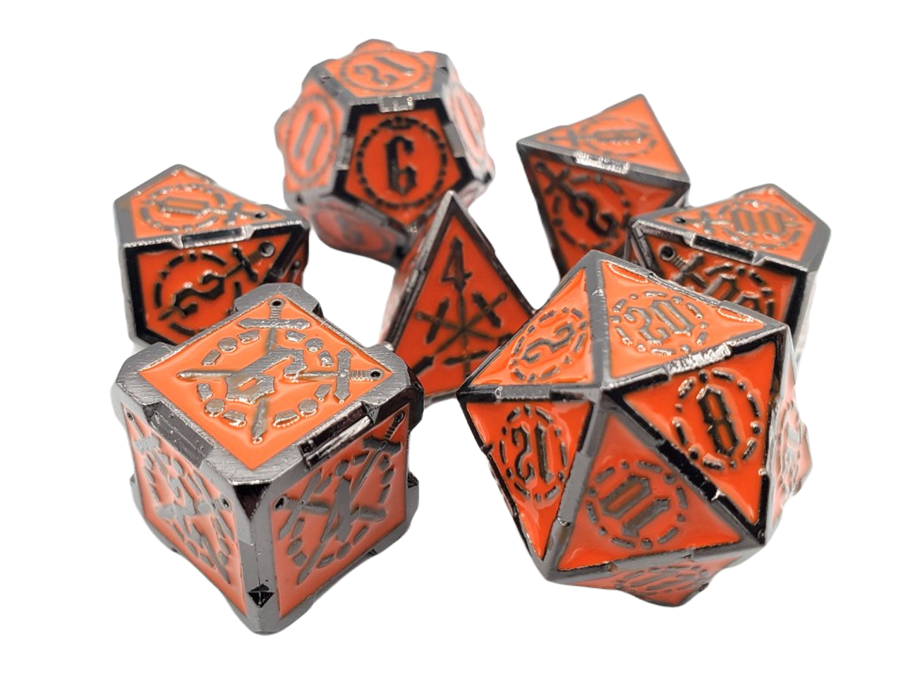 Old School 7 Piece DnD RPG Metal Dice Set: Knights of the Round Table - Orange Sapphire w/ Black | Grognard Games