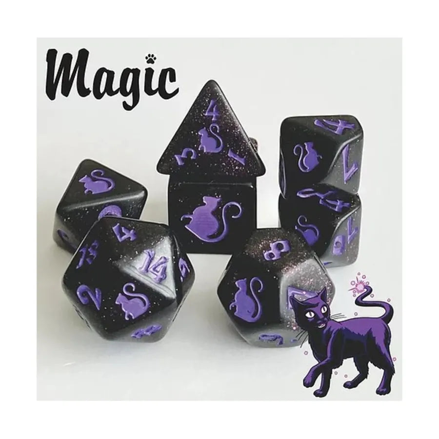 Kitty-Clacks Dice Set - Magic, Black Glitter w/Purple (7) | Grognard Games