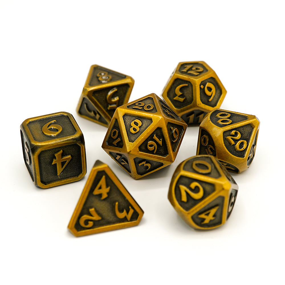 Die Hard Dice 7pc RPG Set - Mythica Battleworn Gold | Grognard Games