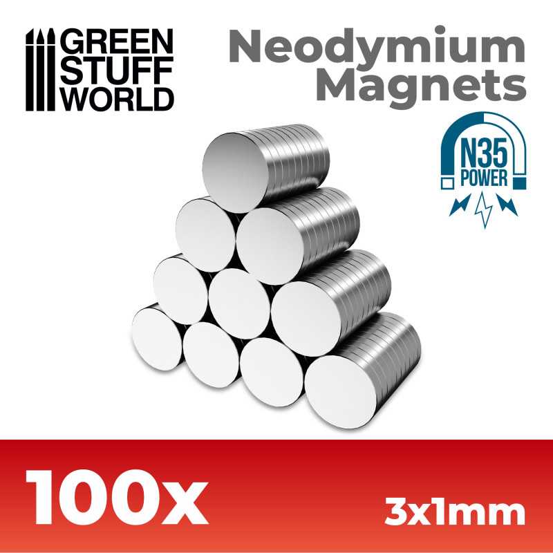 Green Stuff World: Neodymium Magnets 3x1mm - 100 units (N35) | Grognard Games