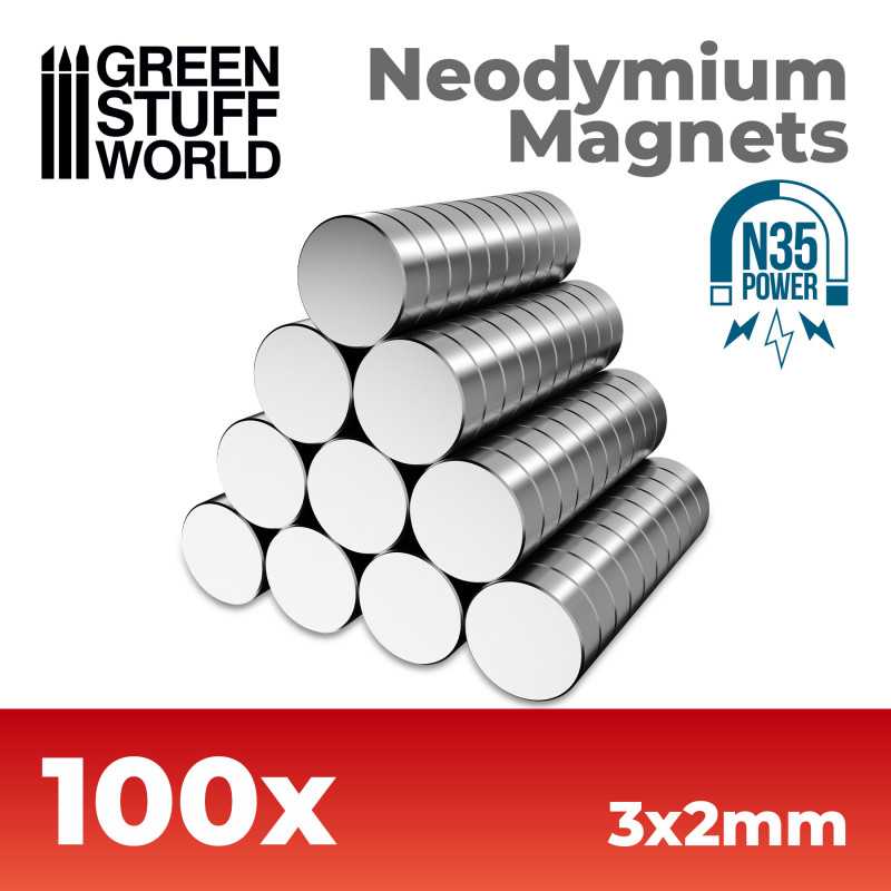 Green Stuff World: Neodymium Magnets 3x2mm - 100 units (N35) | Grognard Games