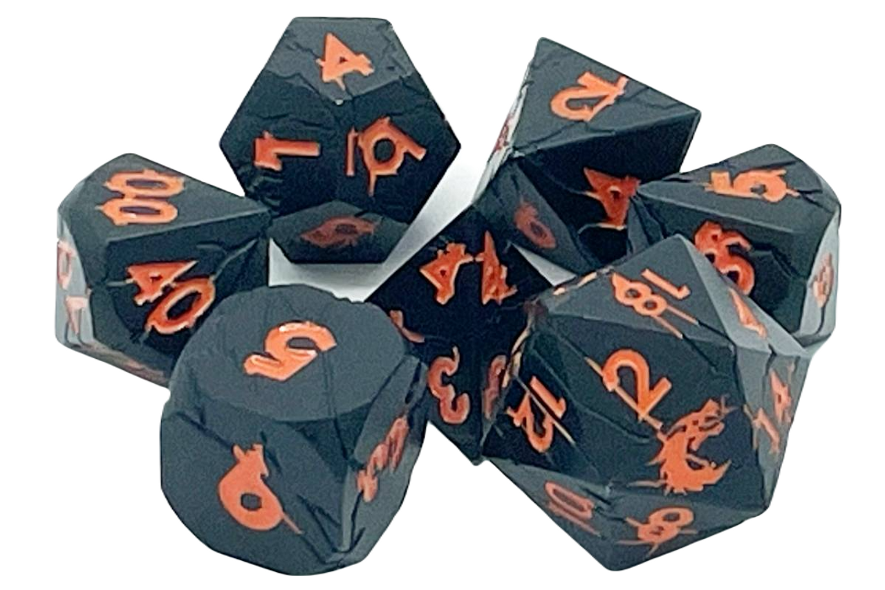 Old School 7 Piece DnD RPG Metal Dice Set: Orc Forged - Matte Black w/ Orange | Grognard Games