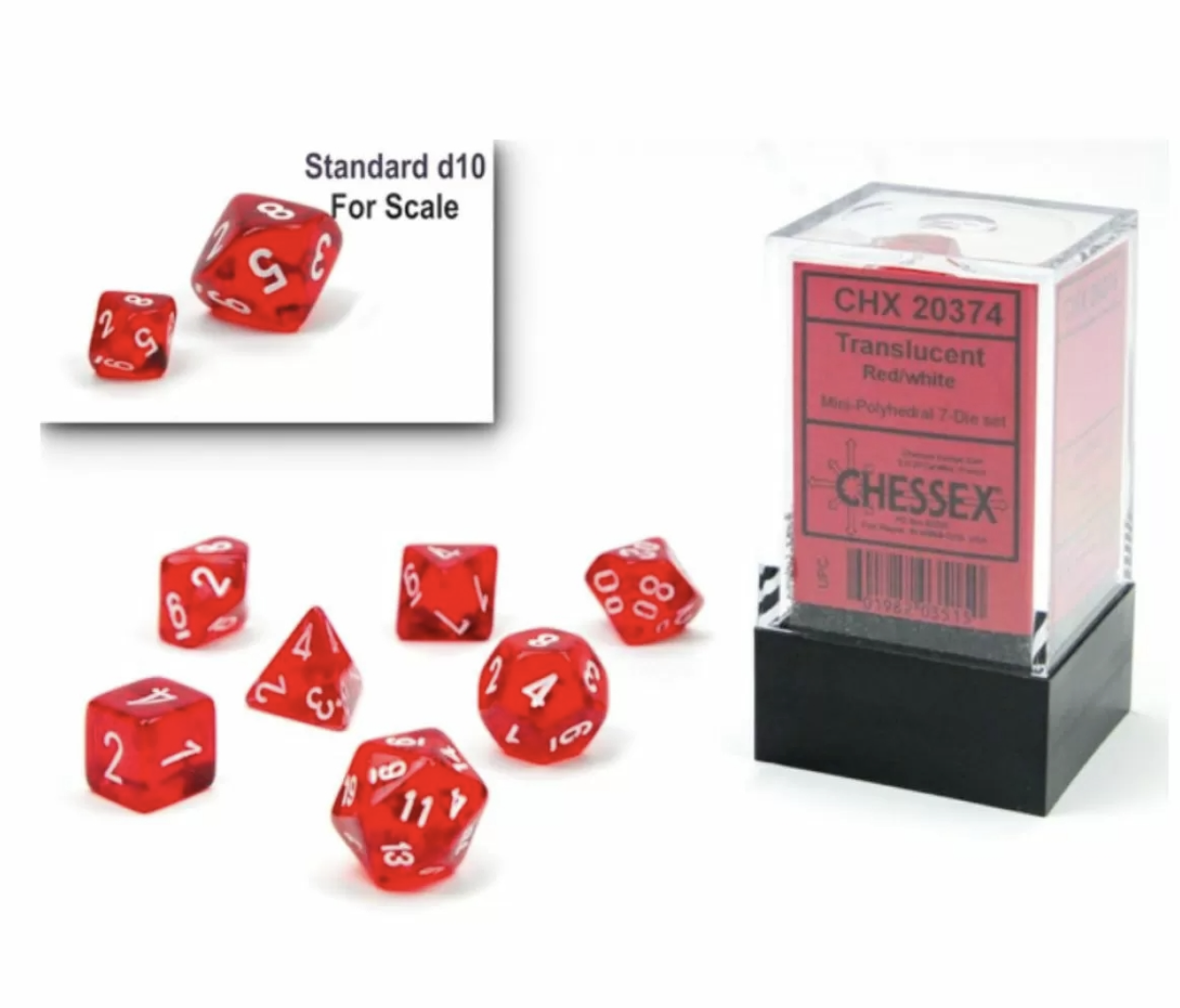 CHX20374 Mini Polyhedral 7-Die Set: Translucent Red/White | Grognard Games