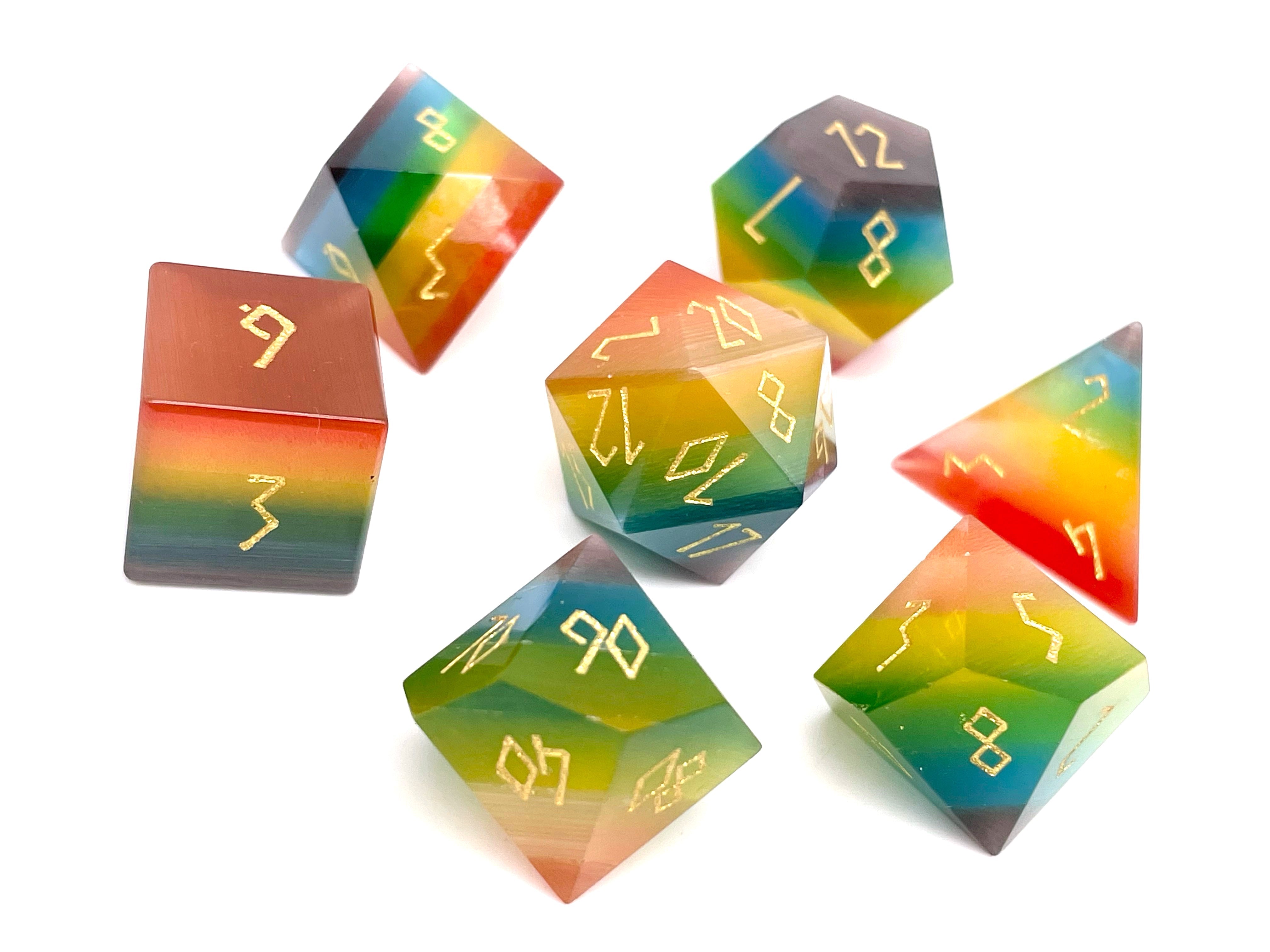 Rainbow Cats Eye - 7 Piece RPG Set Glass Dice | Grognard Games