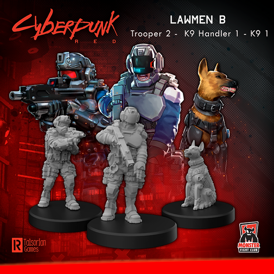 Cyberpunk Red Miniatures: Lawmen Set B (Trooper/K9 Handler/K9) | Grognard Games