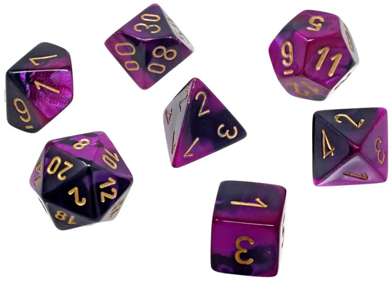 CHX20640 Mini Polyhedral 7-Die Set: GEMINI: BLACK-PURPLE/GOLD | Grognard Games