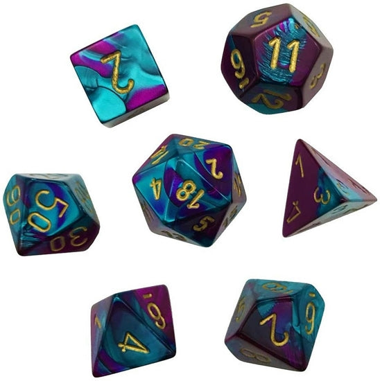 CHX20649 Mini Polyhedral 7-Die Set: GEMINI : PURPLE-TEAL/GOLD | Grognard Games