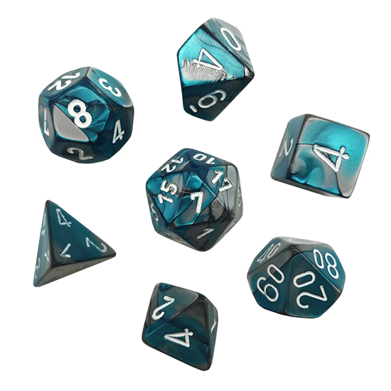 CHX20656 Mini Polyhedral 7-Die Set: GEMINI : STEEL-TEAL/WHITE | Grognard Games