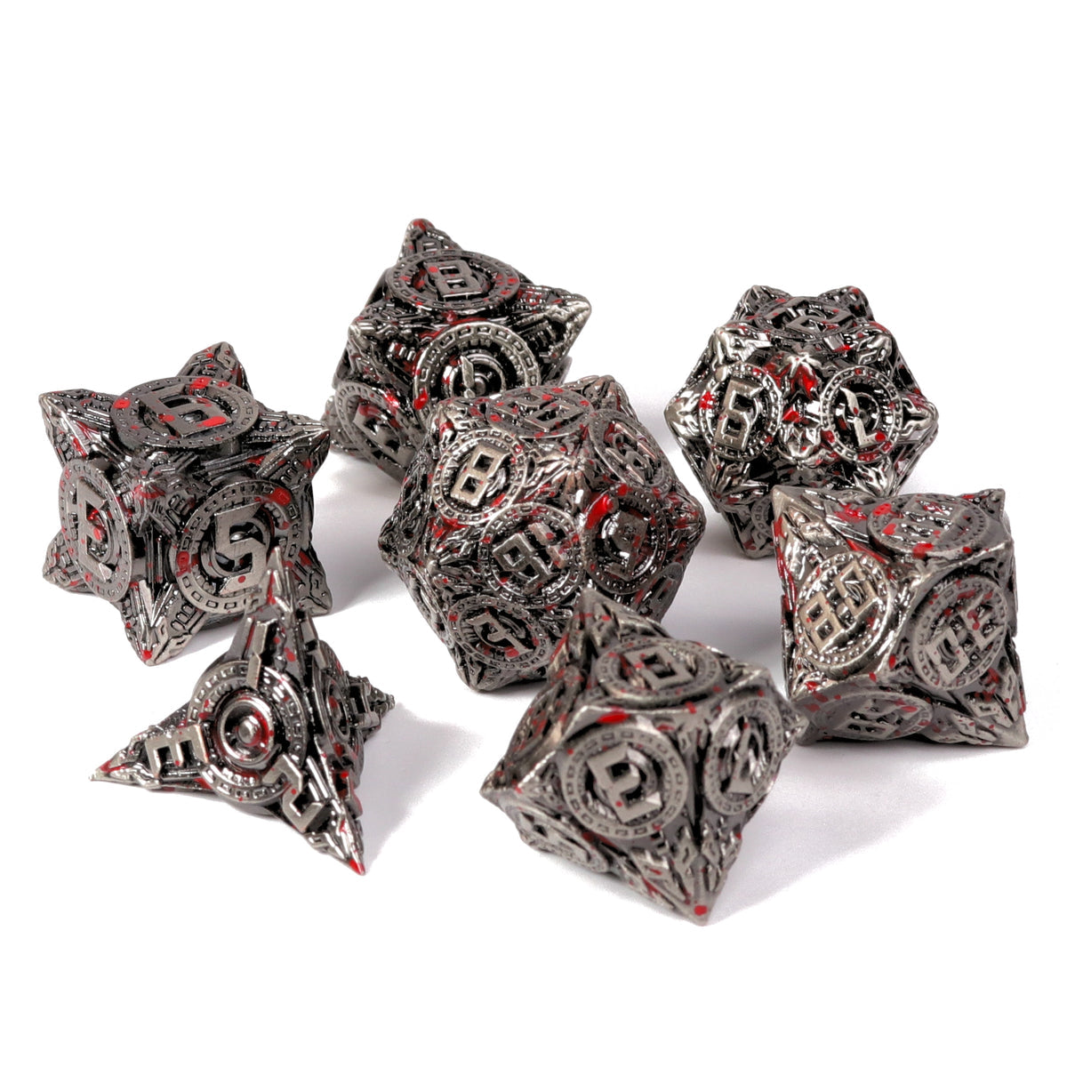 Die Hard Dice 7 Piece RPG set - Adventure Begins- Scigate Silver w/ Blood | Grognard Games