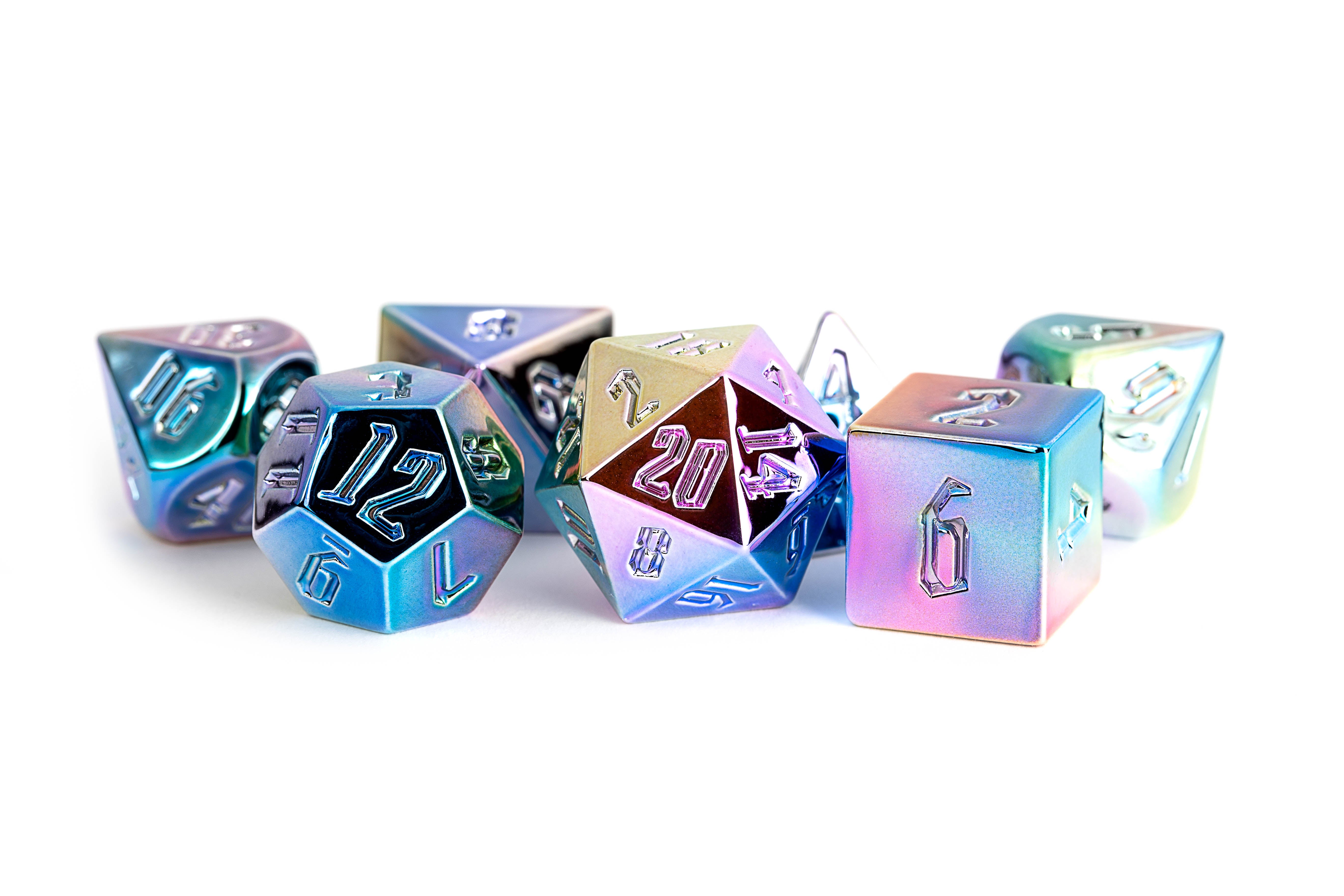 Rainbow Aegis w/ White Numbers 16mm Aluminum Plated Acrylic Poly Dice Set | Grognard Games