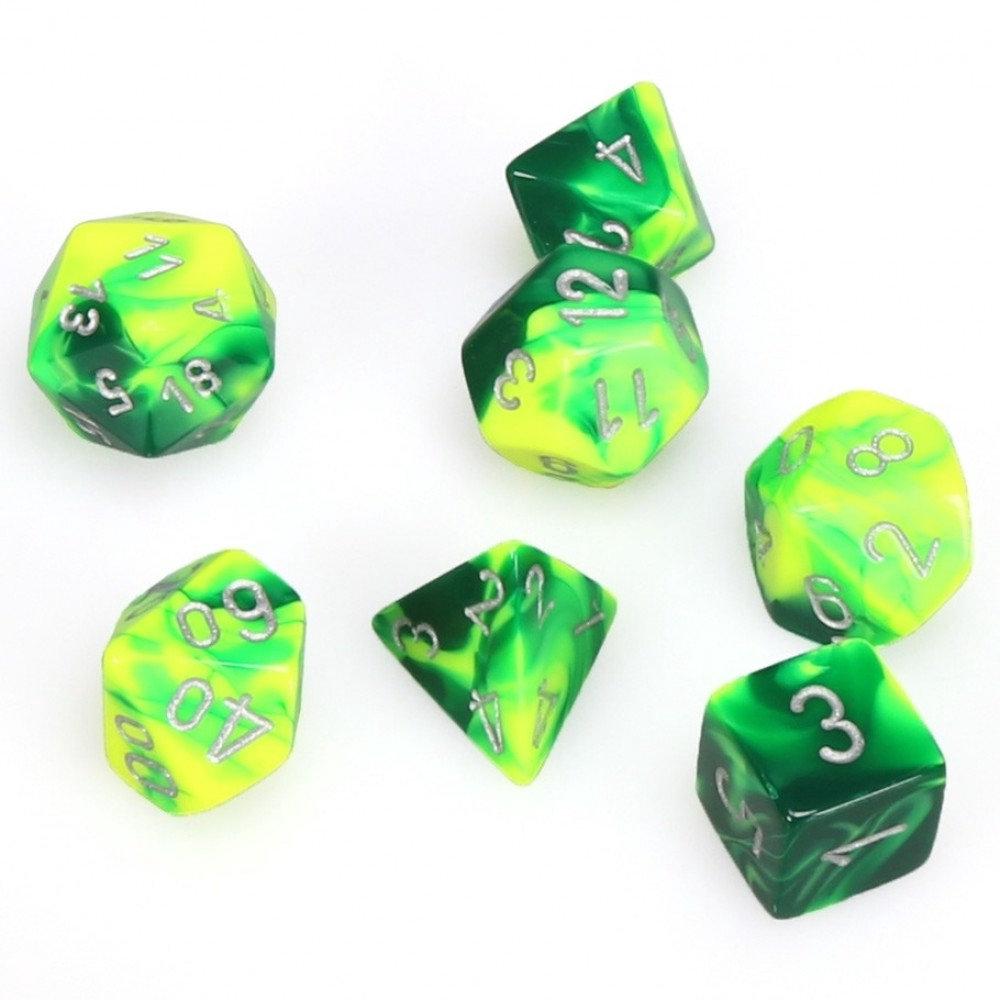 CHX26454 Gemini Green-Yellow/Silver 7 die set | Grognard Games