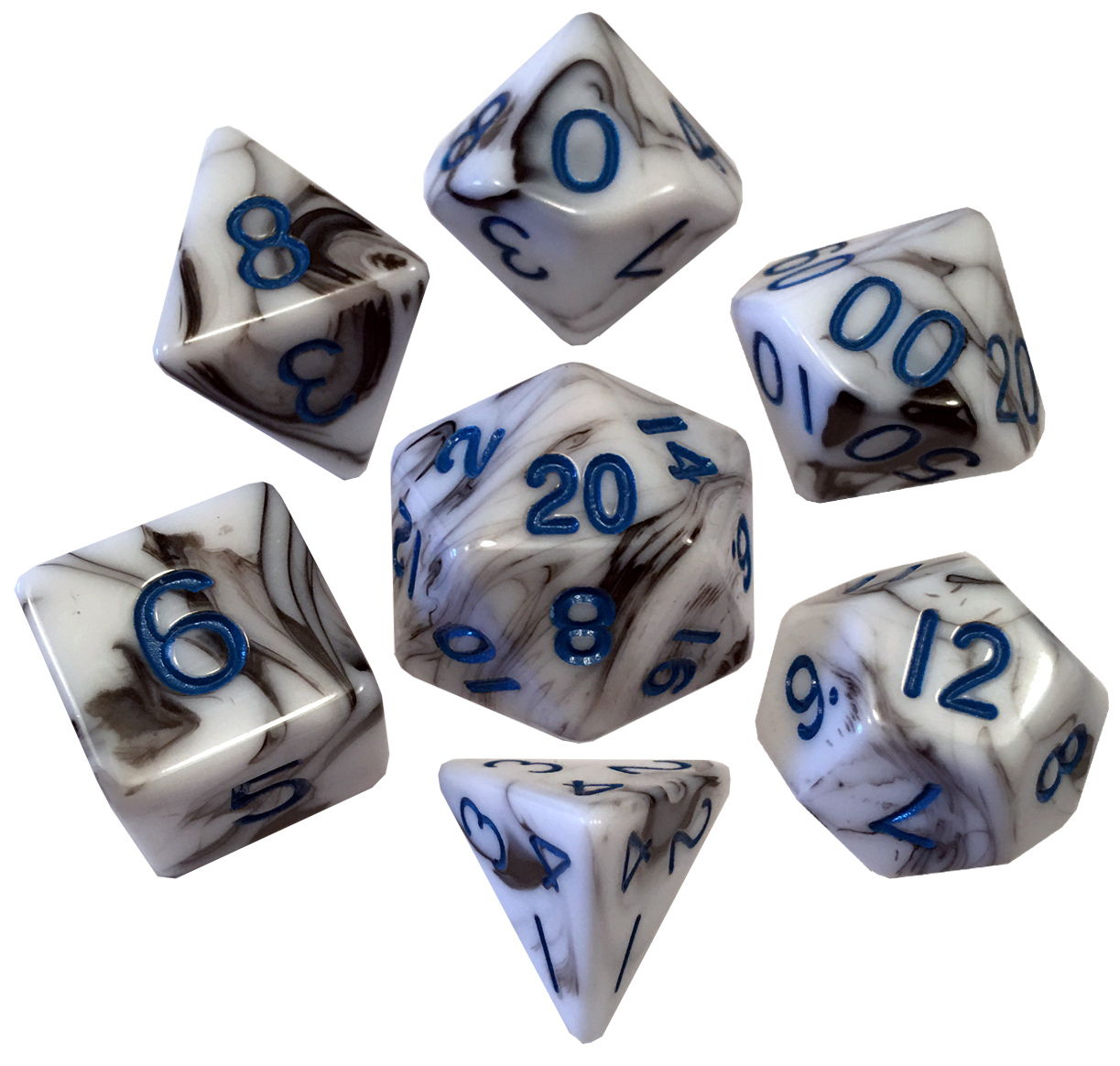 Marble with Blue Numbers 16mm Polyhedral Dice Set | Grognard Games