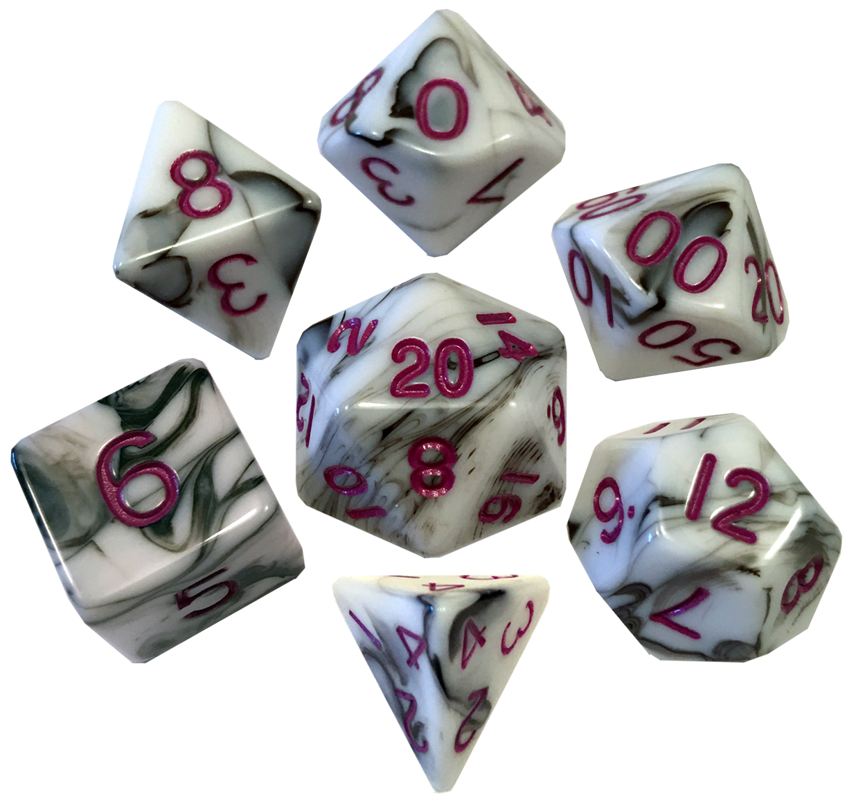 Marble with Purple Numbers 16mm Polyhedral Dice Set | Grognard Games