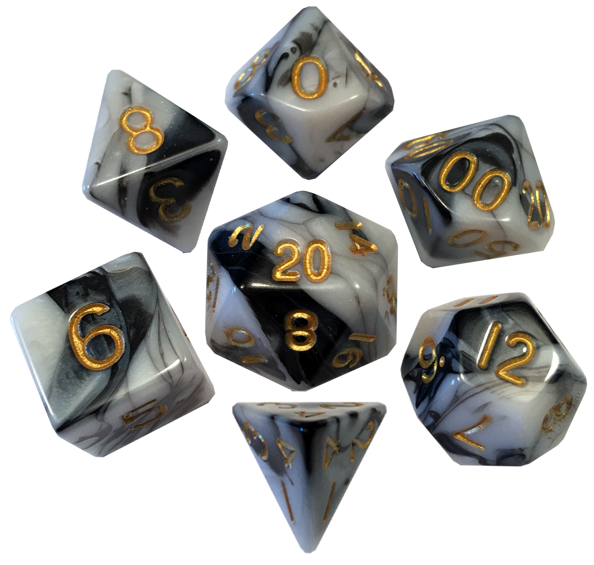Marble with Gold Numbers 16mm Polyhedral Dice Set | Grognard Games