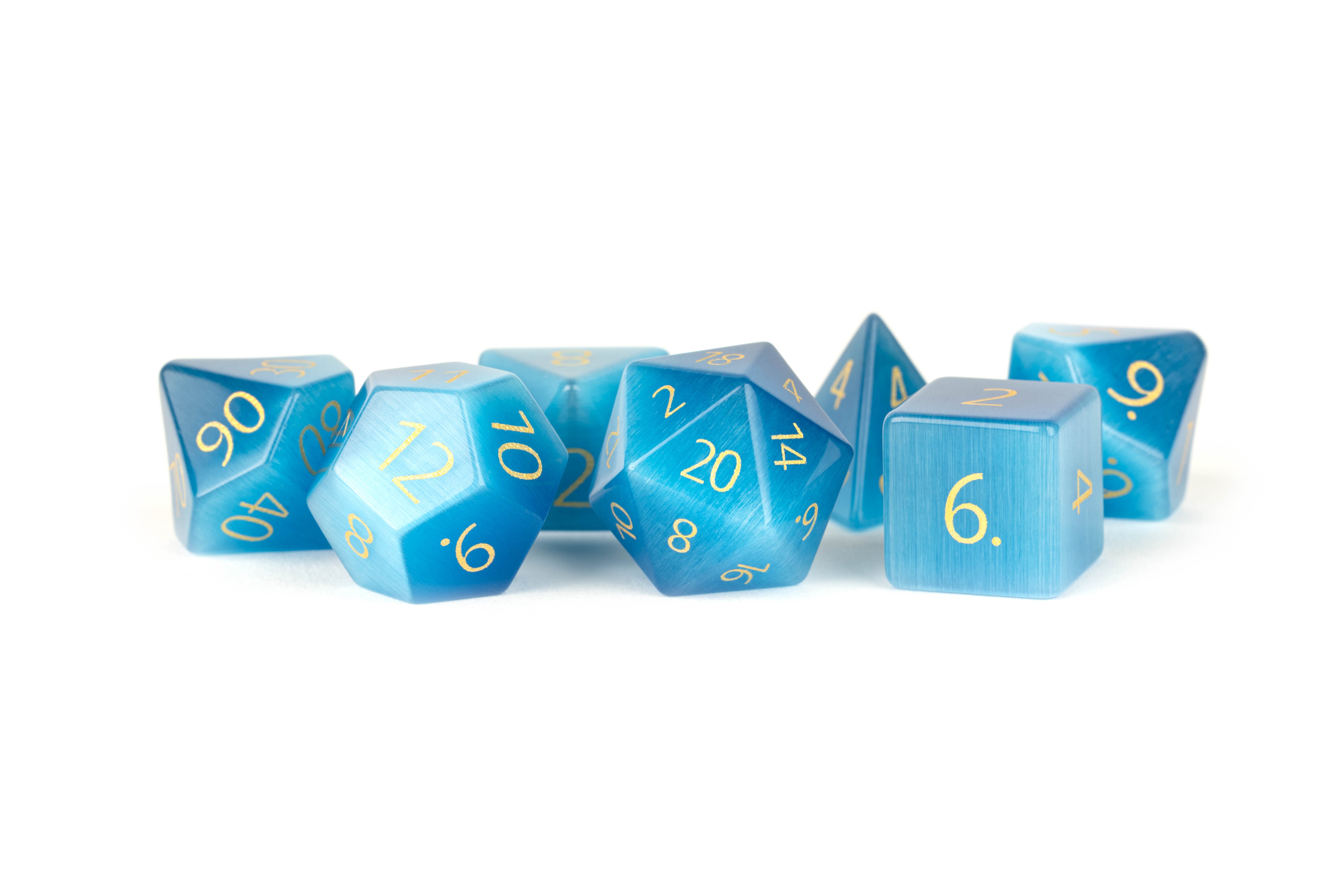 Metallic Dice Games Engraved Cat’s Eye Aquamarine: Full-Sized 16mm Polyhedral Dice Set | Grognard Games