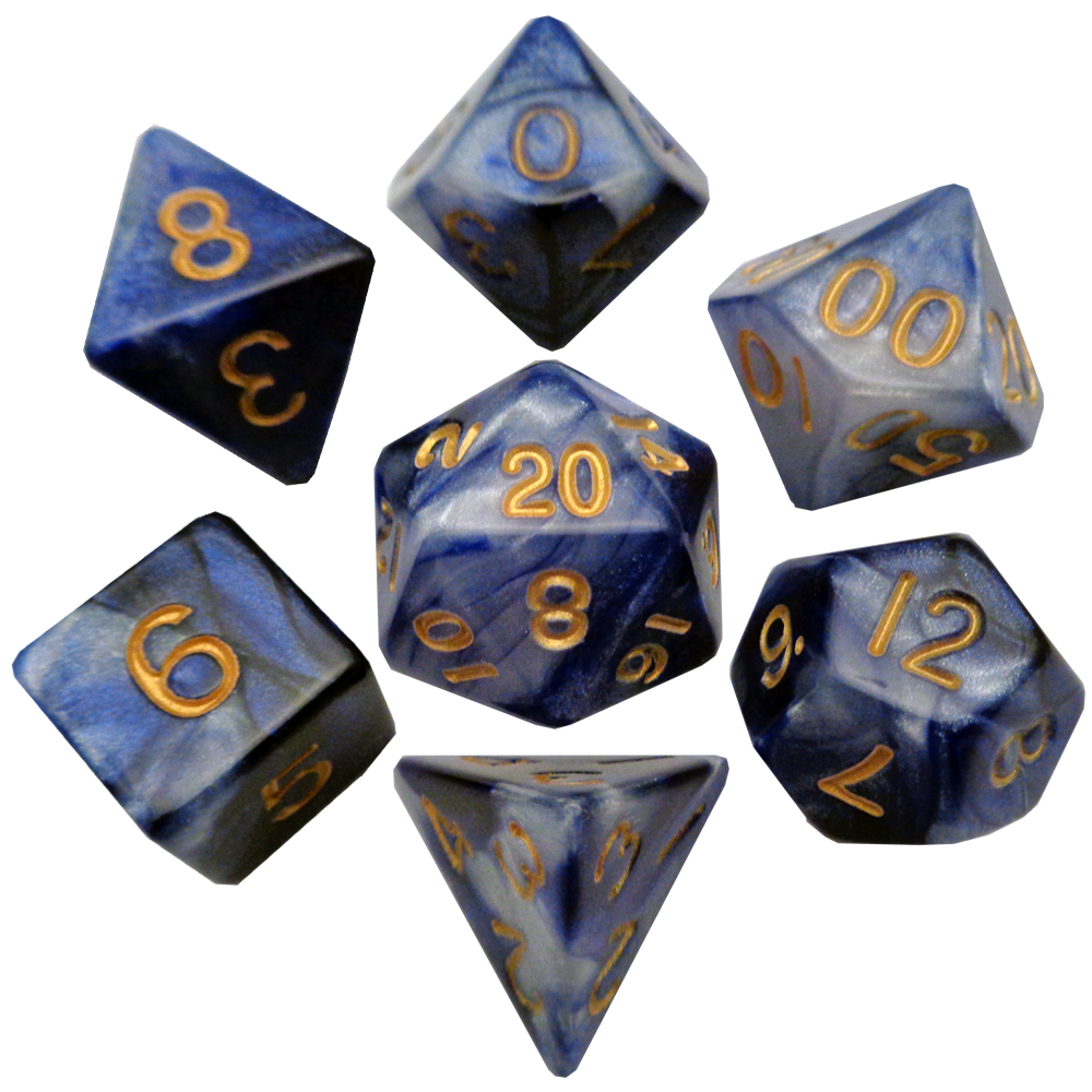 Blue/White with Gold Numbers 16mm Polyhedral Dice Set | Grognard Games