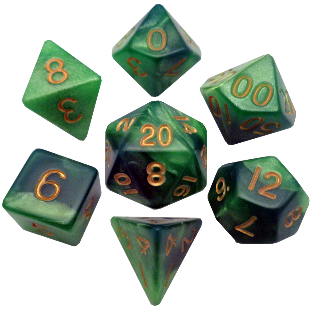 Green/Light Green with Gold Numbers 16mm Polyhedral Dice Set | Grognard Games
