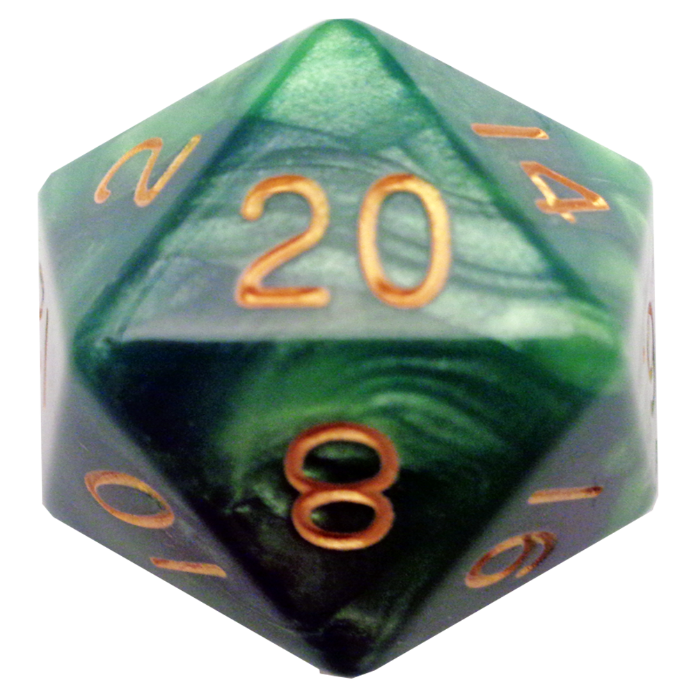 Metallic Dice Games 35mm Acrylic D20 Green with Gold numbers | Grognard Games