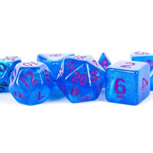 Stardust Blue w/ Purple Numbers 16mm Polyhedral Dice Set | Grognard Games