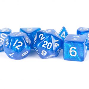 Stardust Blue w/ Silver Numbers 16mm Acrylic Polyhedral Set | Grognard Games