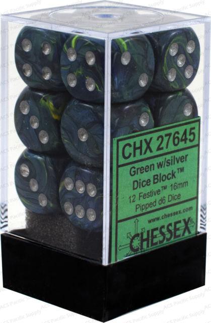 CHX27645 Festive Green with Silver - Set of 12 D6 | Grognard Games