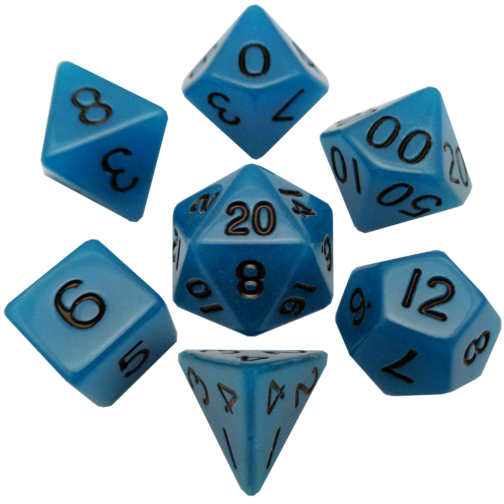 Metallic Dice Games Glow in the Dark Blue 16mm Polyhedral Dice Set | Grognard Games