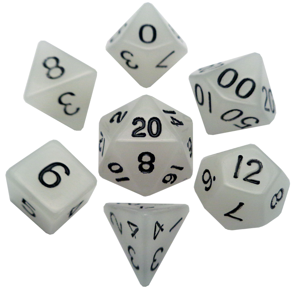 Glow in the Dark Clear 16mm Polyhedral Dice Set | Grognard Games
