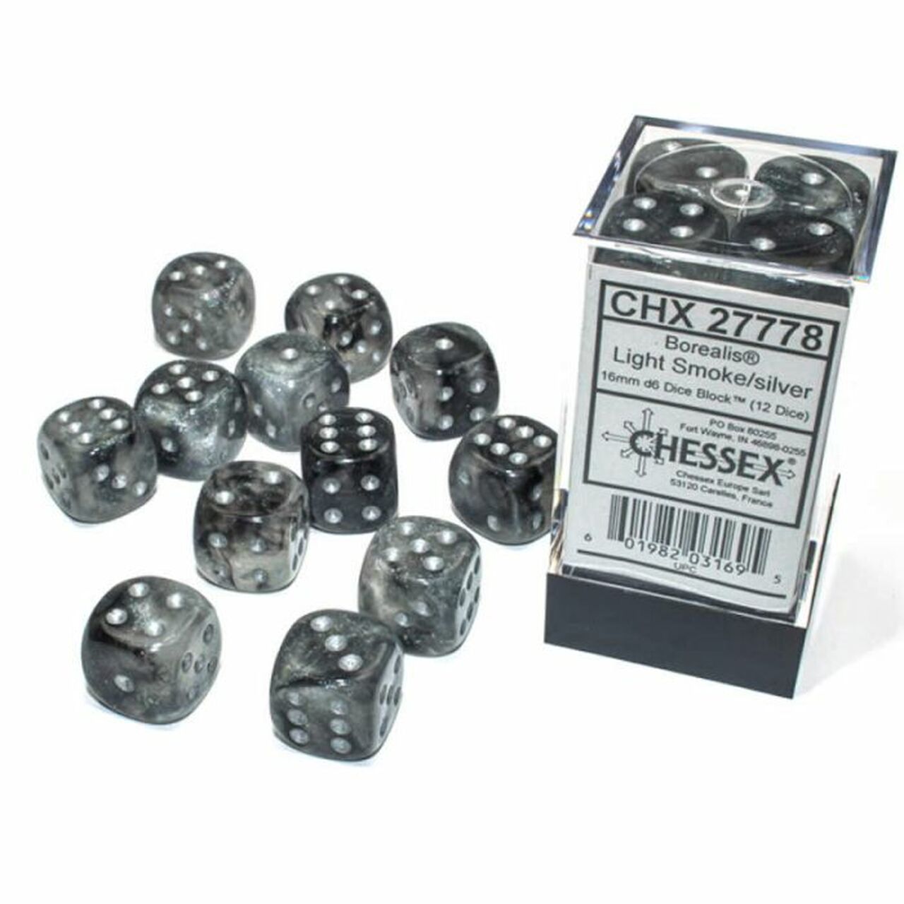 CHX27778 Borealis Light Smoke/Silver - Set of 12 D6 | Grognard Games