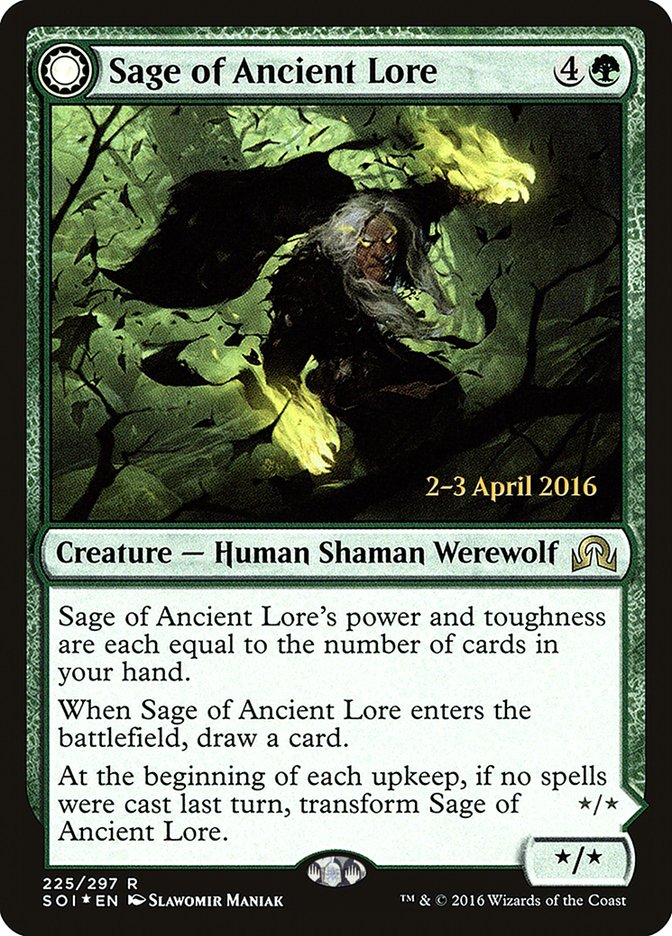 Sage of Ancient Lore // Werewolf of Ancient Hunger [Shadows over Innistrad Prerelease Promos] | Grognard Games