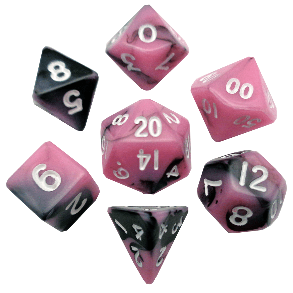 Metallic Dice Games 473 Pink/Black with White Mini RPG Dice | Grognard Games