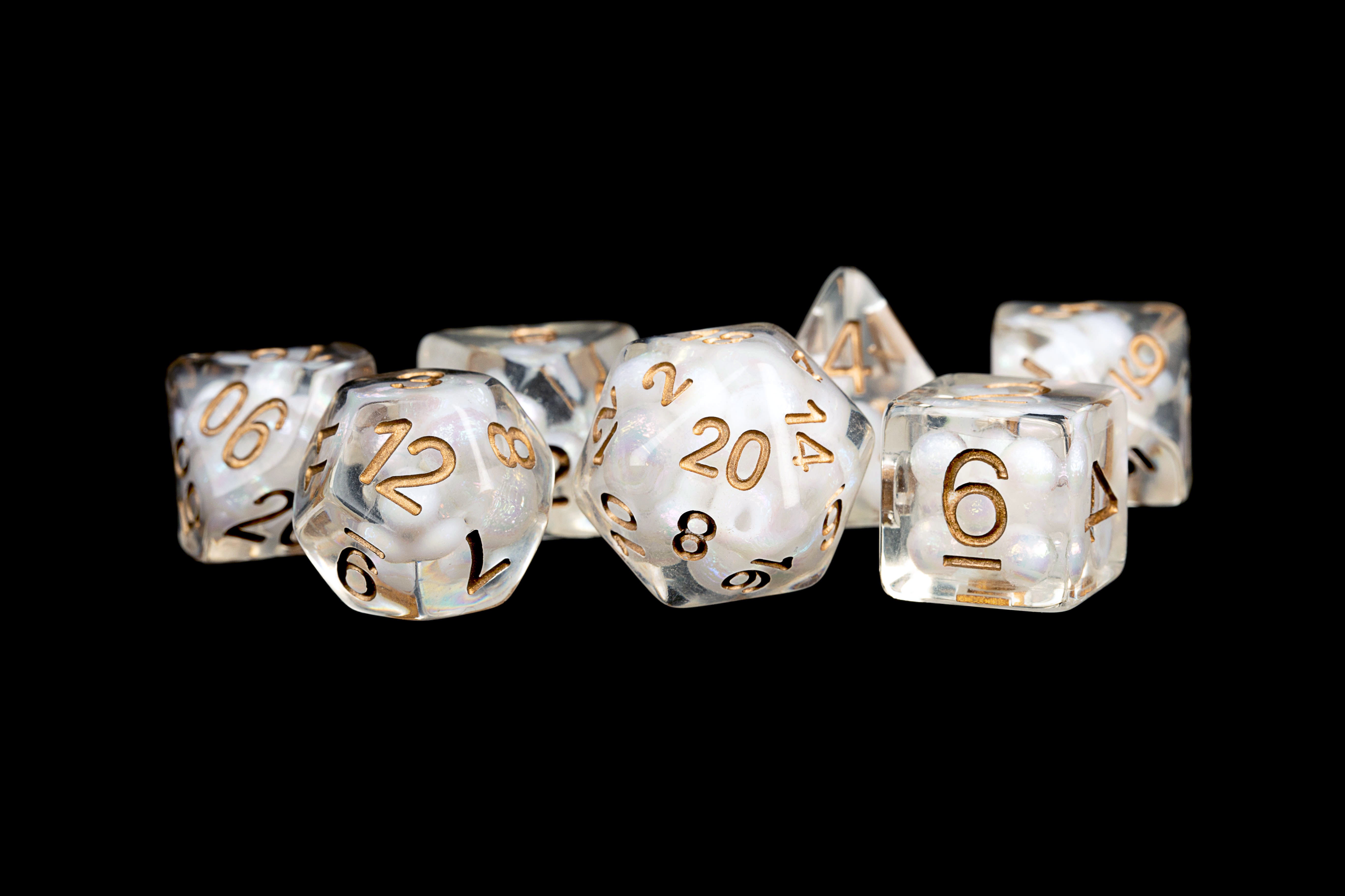 Metallic Dice Games Pearl Dice w/ Copper Numbers 16mm Resin Poly Dice Set | Grognard Games