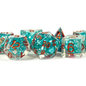 Metallic Dice Games Pearl Dice Teal w/ Copper Numbers 16mm Resin Poly Dice Set | Grognard Games